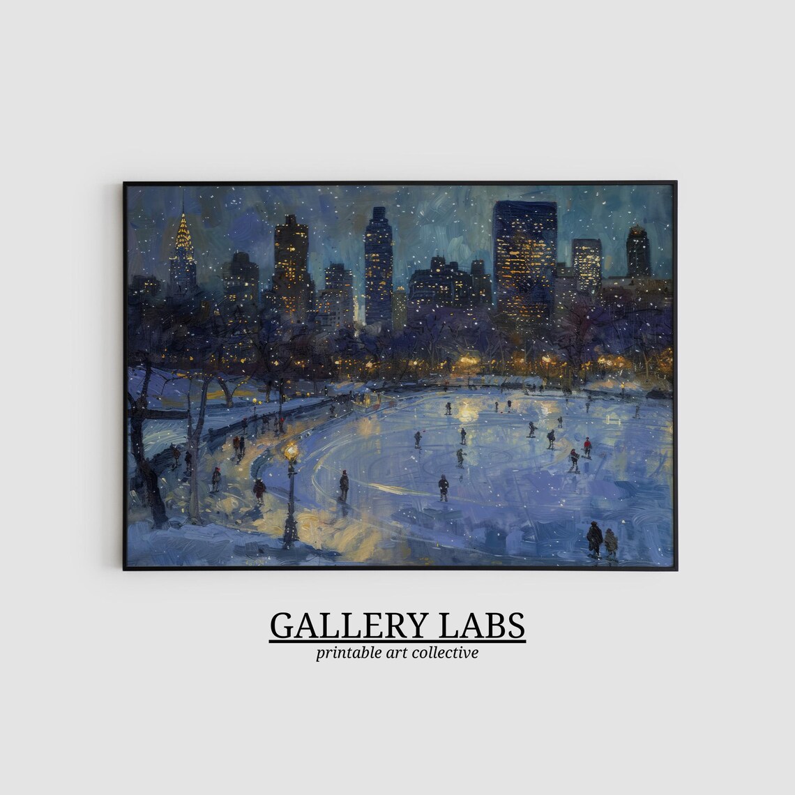 New York City Night Ice Rink Manhattan Skyline Snow Painting Poster - Image 2