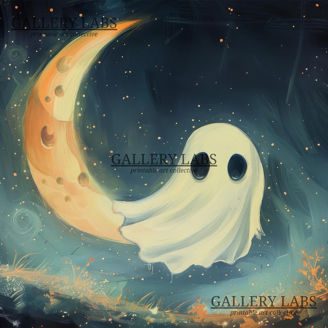 Cute Ghost with Crescent Moon Starry Night Sky Halloween Wall Art Print - Image 4