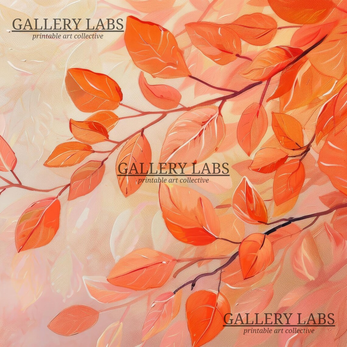 Orange Autumn Leaves Branch Soft Pink Background Fall Wall Art Print - Image 4