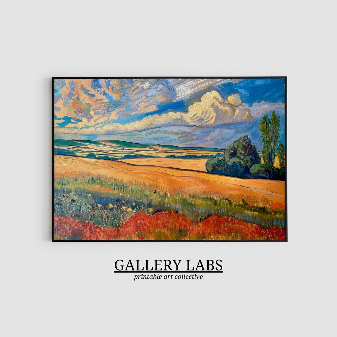 Golden Wheat Fields Red Poppies Dramatic Sky Impressionist Wall Art Print - Image 2