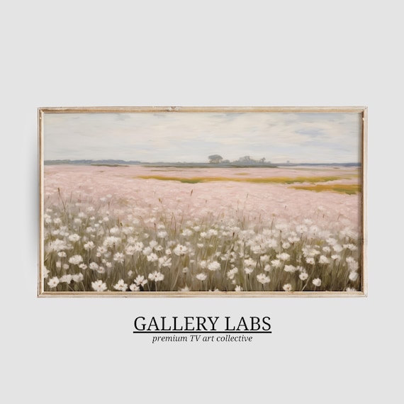 White Daisy Field Stretching Into Blush Pink Distance Gentle Panoramic Painting Poster