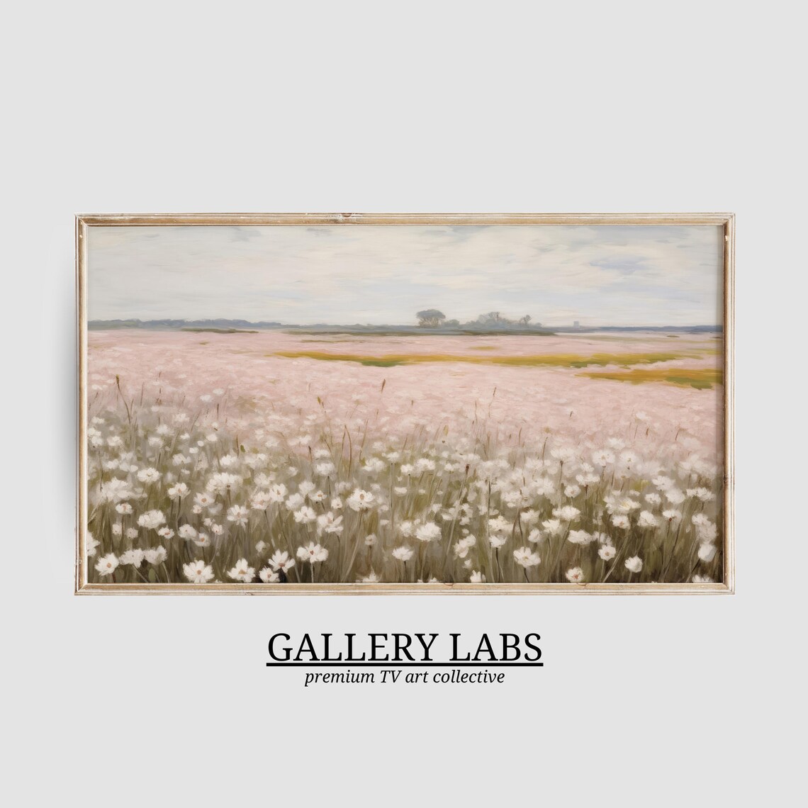 White Daisy Field Stretching Into Blush Pink Distance Gentle Panoramic Painting Poster