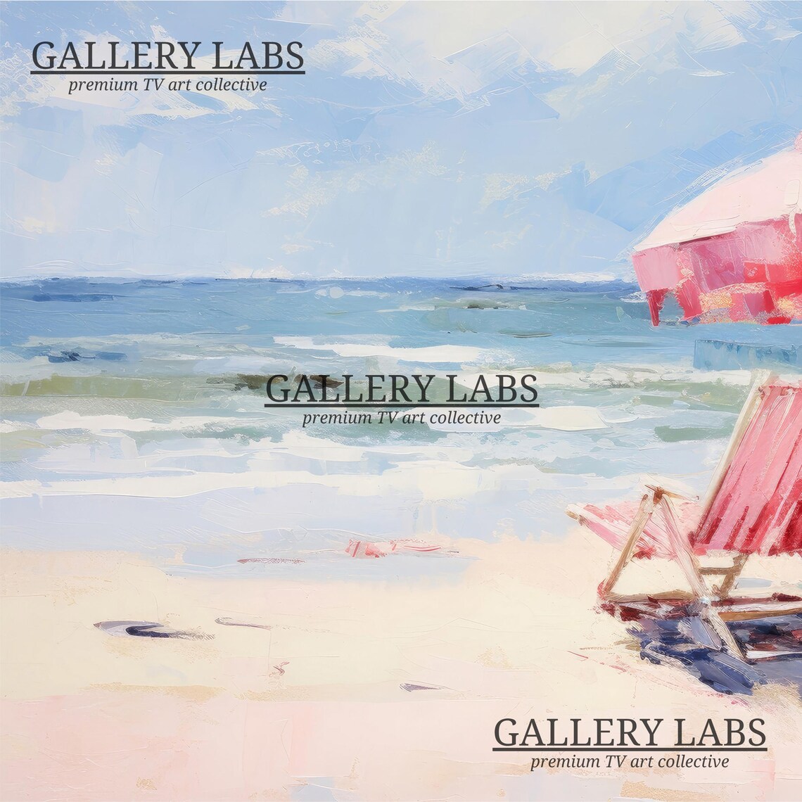 Pink Beach Chairs Umbrellas Gentle Surf Sunny Summer Day Poster - Image 4