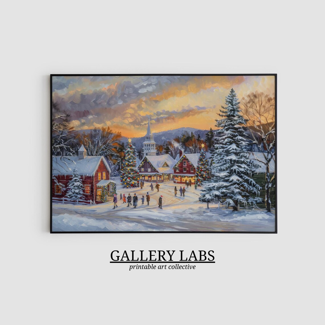 Snowy Christmas Village Church Steeple Lit Tree Sunset Painting Poster - Image 2