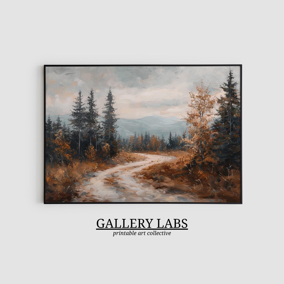 Winding Forest Path Through Autumn Pines Toward Blue Mountains Oil Painting Print - Image 2