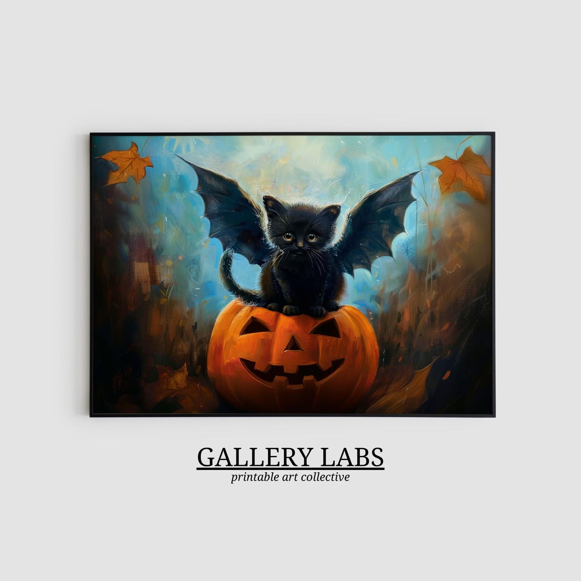 Black Cat with Bat Wings on Jack O Lantern Halloween Wall Art Print - Image 2