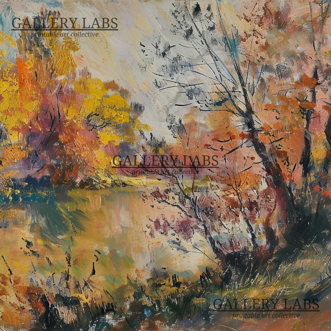 Autumn Forest Lake Landscape Painting Rustic Fall Nature Wall Art Print - Image 4