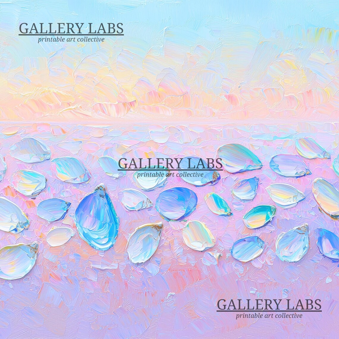 Abstract Pastel Beach With Iridescent Shells on Pink Lavender Sand Coastal Painting - Image 4