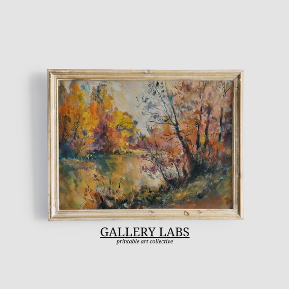 Autumn Forest Lake Landscape Painting Rustic Fall Nature Wall Art Print