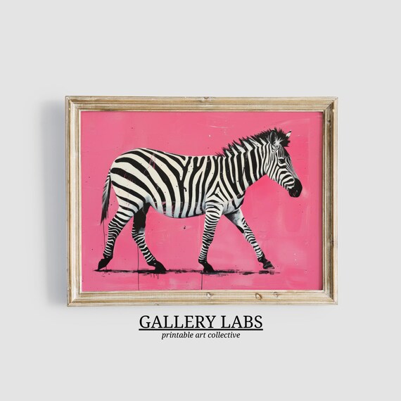 Zebra Walking Bright Pink Background Bold Striped Animal Painting Wall Art