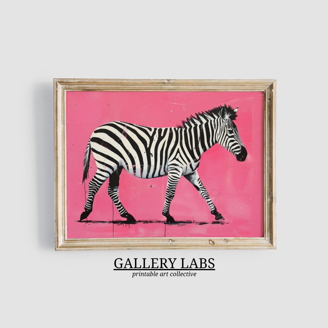 Zebra Walking Bright Pink Background Bold Striped Animal Painting Wall Art