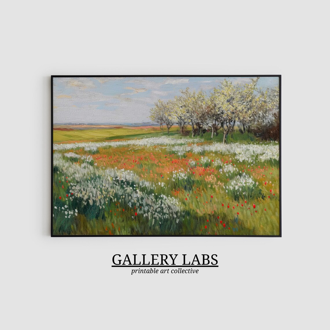 Red Poppy Meadow with Flowering Trees Spring Field Art Print - Image 2