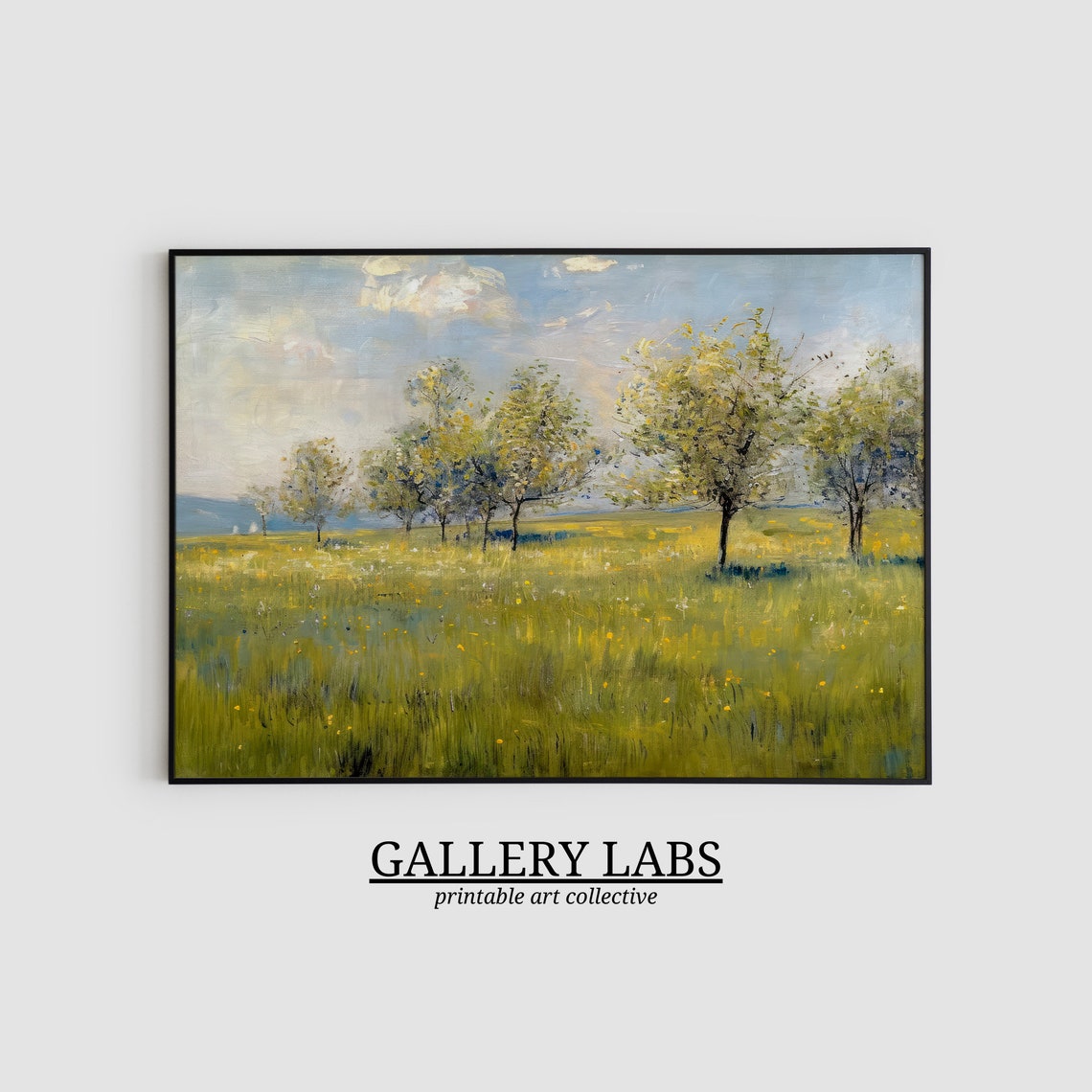 Spring Meadow with Flowering Trees Green Field Landscape Art Print - Image 2