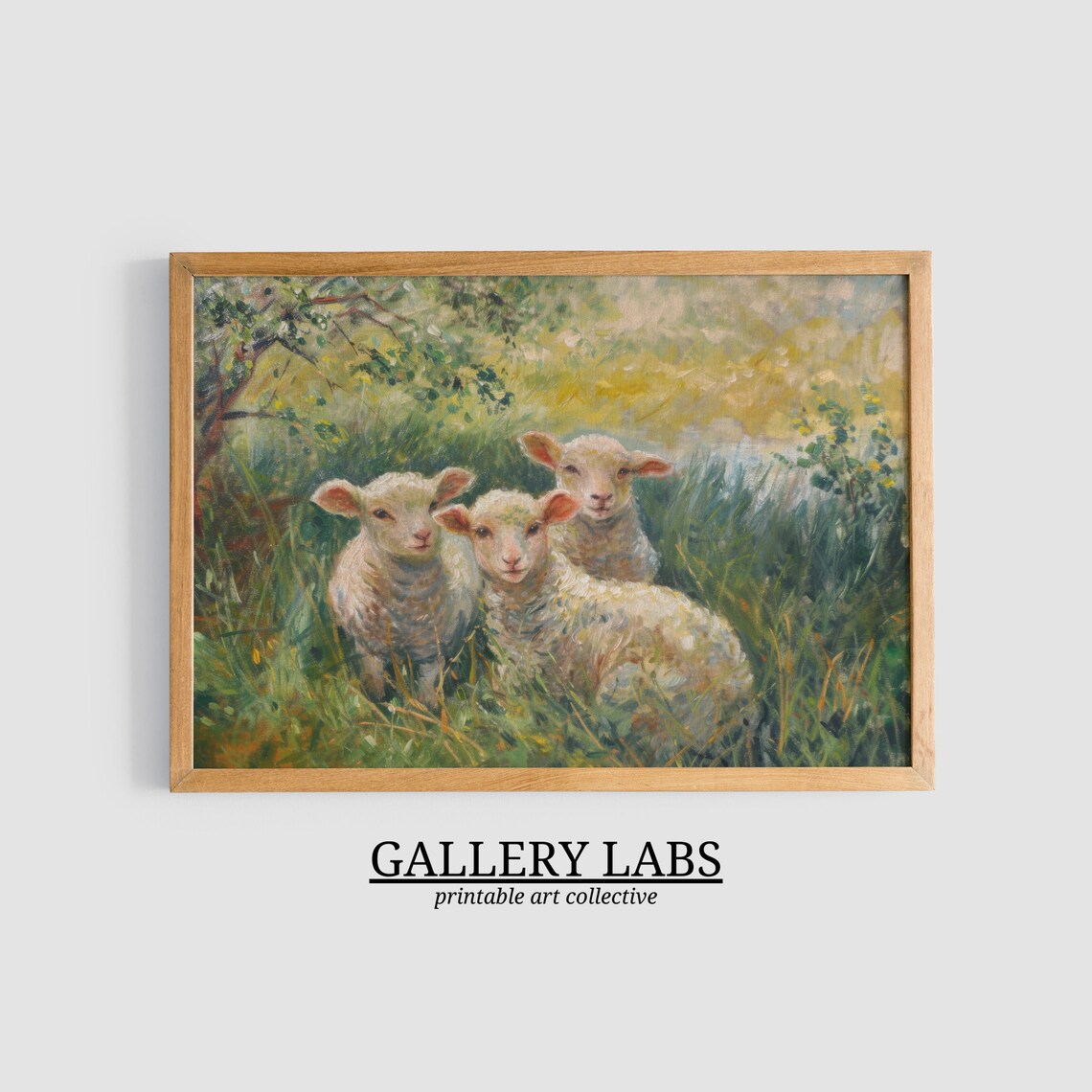 Three Lambs Meadow Impressionist Cute Baby Sheep Pastoral Art Poster - Image 3