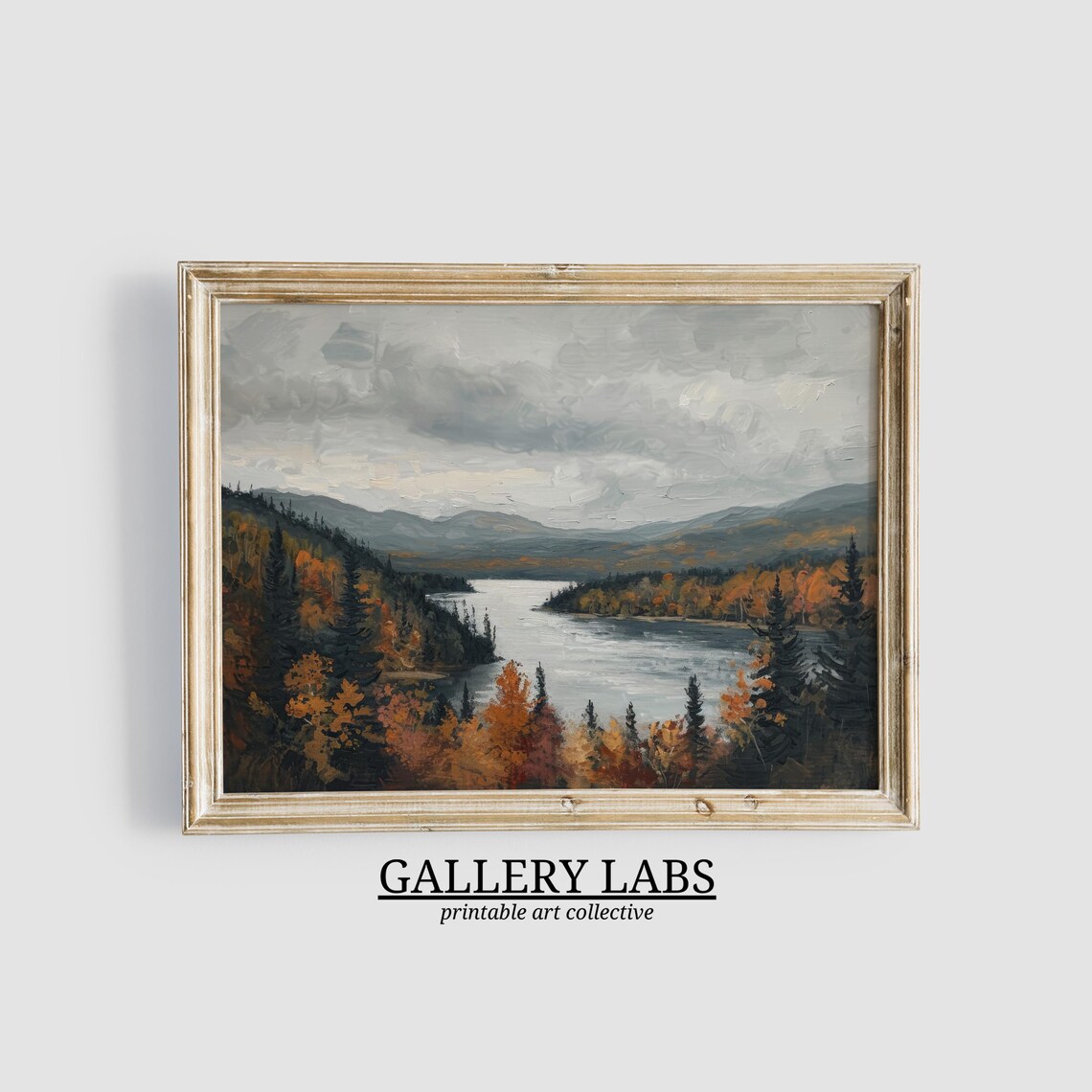 Autumn Lake Vista With Fiery Orange Forest and Brooding Gray Sky Oil Painting Print
