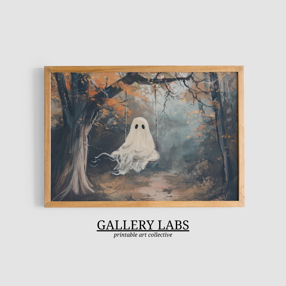 Cute Ghost on Swing in Autumn Forest Misty Halloween Wall Art Print - Image 3