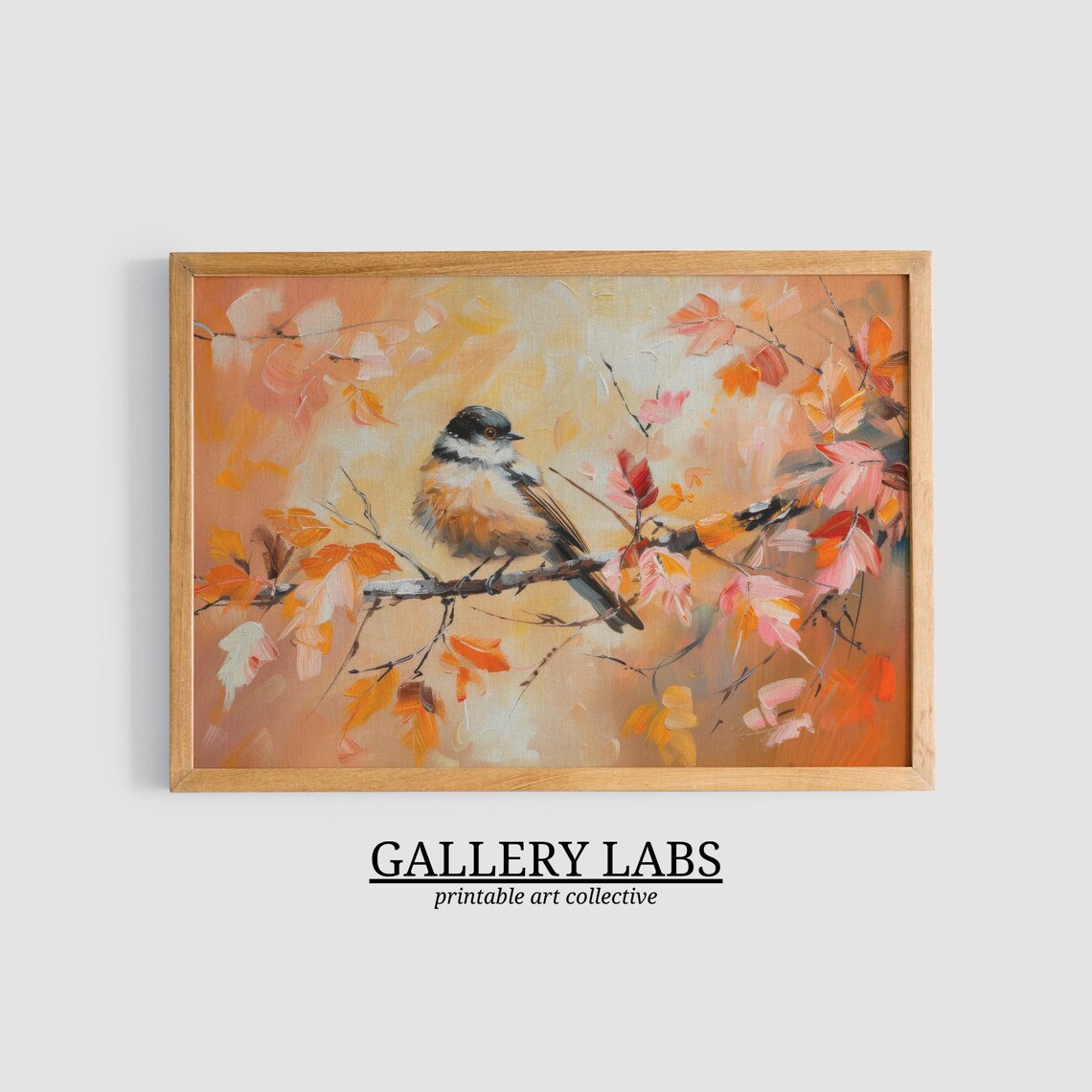 Little Songbird on Branch Autumn Leaves Warm Fall Painting Wall Art - Image 3