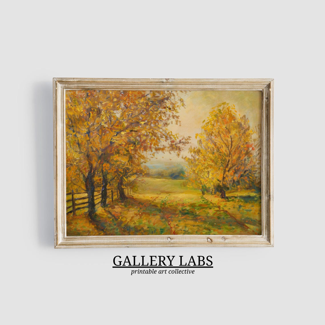 Golden Autumn Field Wooden Fence Sunlit Fall Landscape Art Print