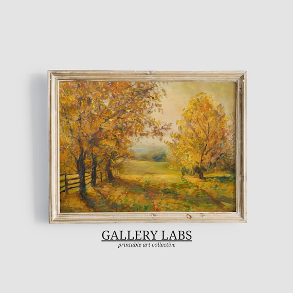 Golden Autumn Field Wooden Fence Sunlit Fall Landscape Art Print