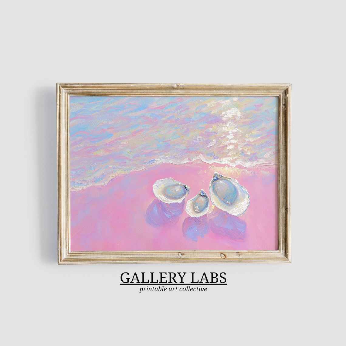 Oyster Shells on Pink Sand With Pastel Waves Dreamy Coastal Beach Painting Poster