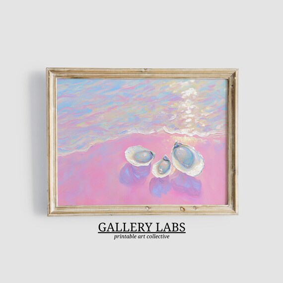 Oyster Shells on Pink Sand With Pastel Waves Dreamy Coastal Beach Painting Poster