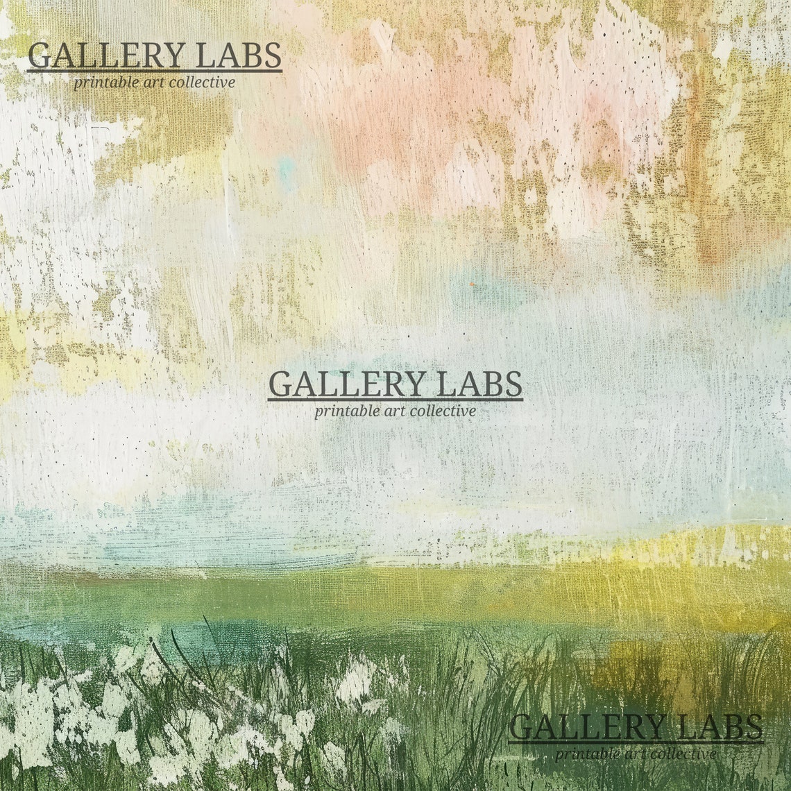 Abstract Spring Meadow Painting Soft Green Pastel Sky Art Print - Image 4