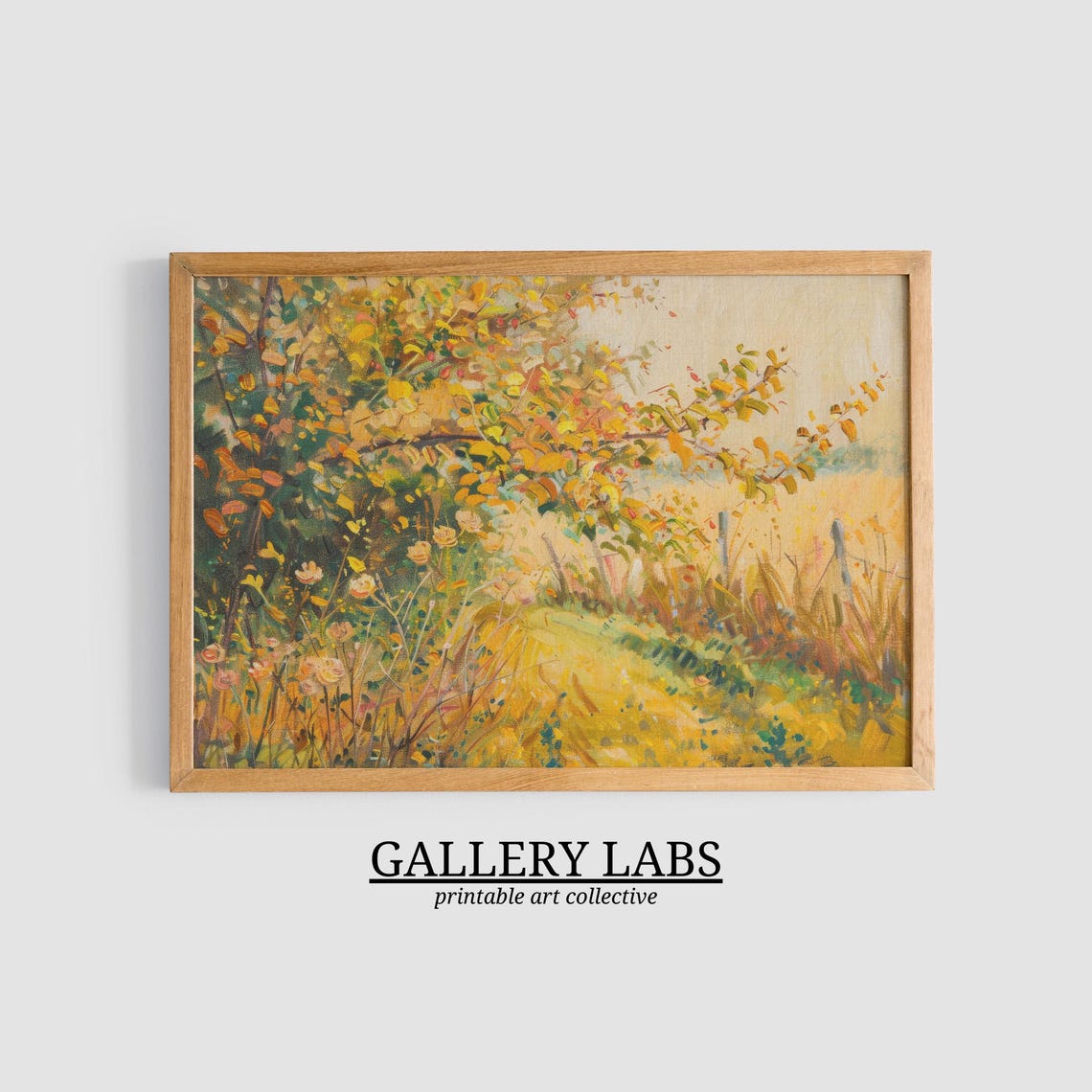 Autumn Wildflowers Golden Tree Warm Orange Rustic Fence Fall Art Print - Image 3