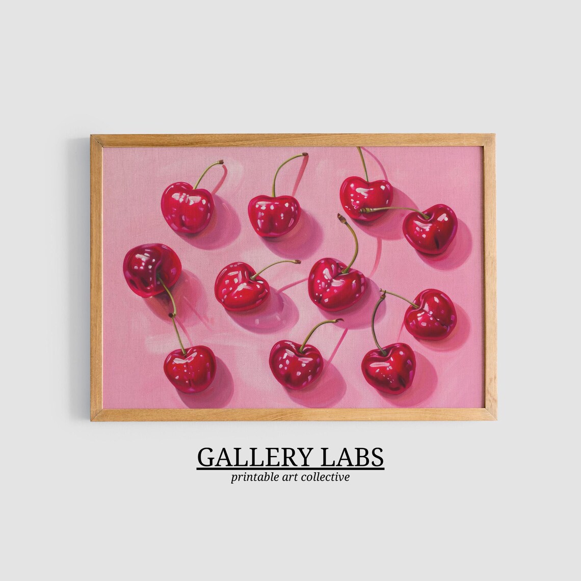 Glossy Red Cherries Scattered Pink Background Fruit Painting Wall Poster - Image 3