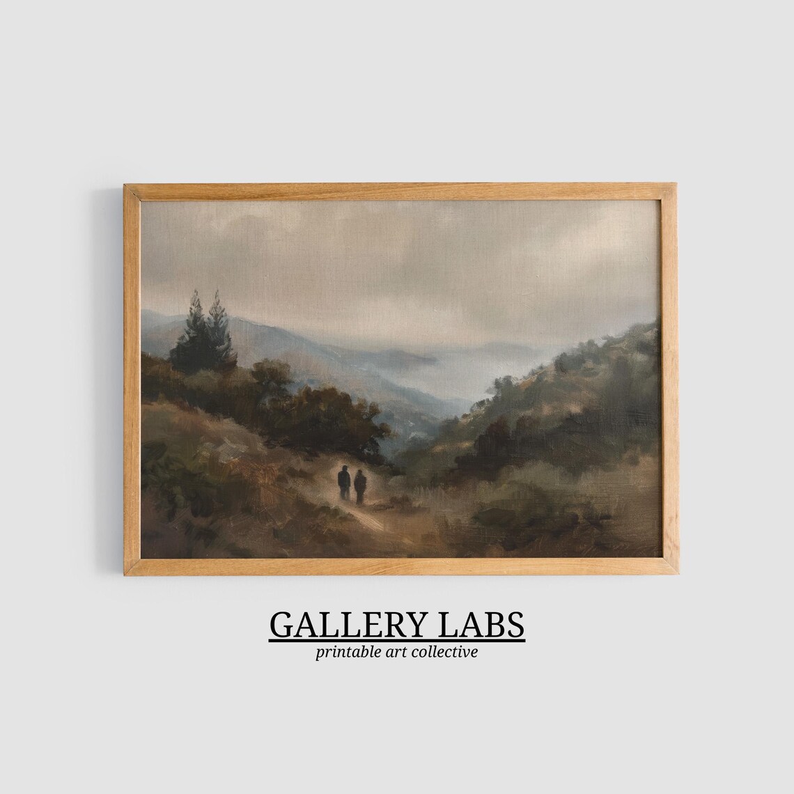 Misty Mountain Valley Trail With Walkers Moody Autumn Landscape Oil Painting Print - Image 3