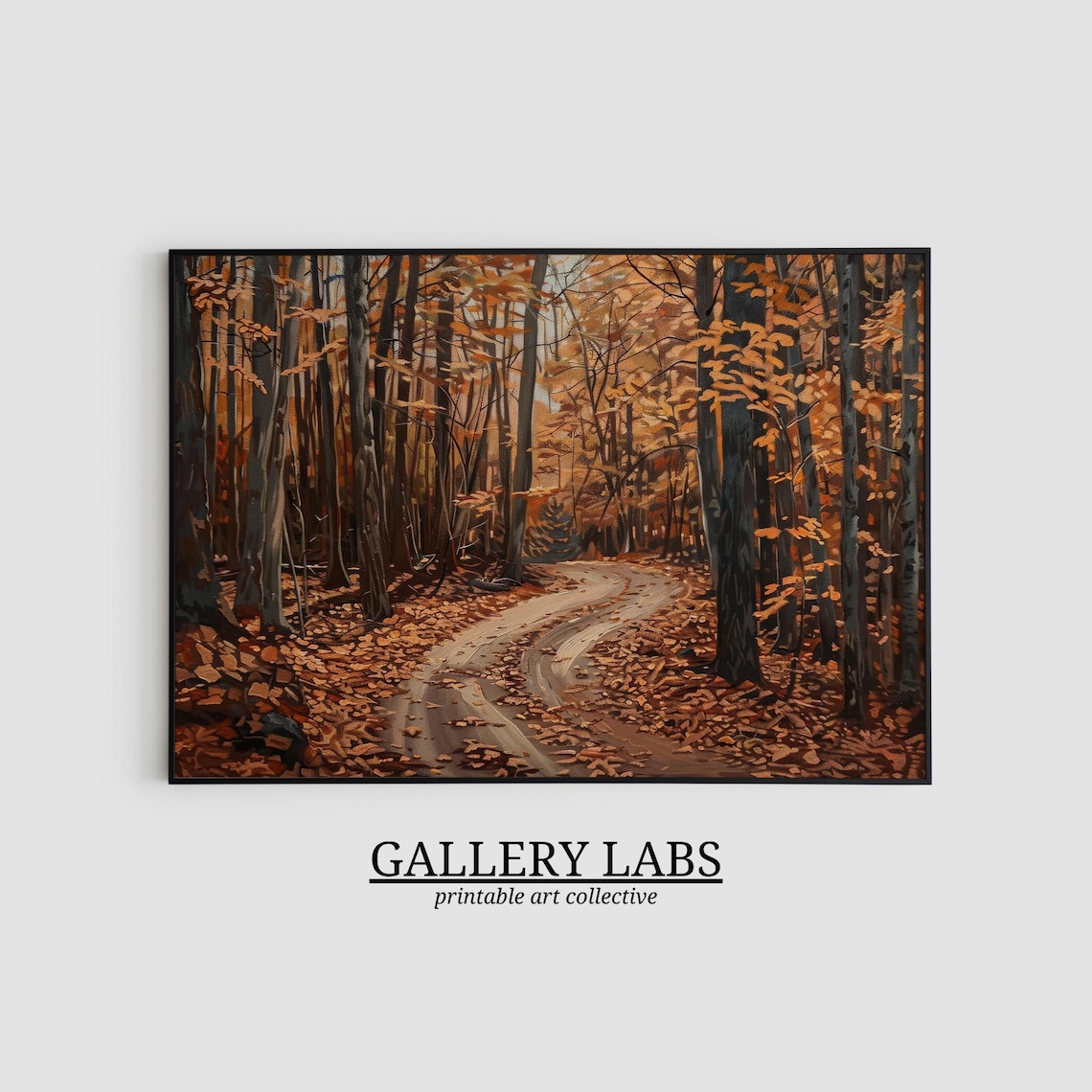 Autumn Forest Path Carpeted in Golden Fallen Leaves Warm Rustic Oil Painting Poster - Image 2
