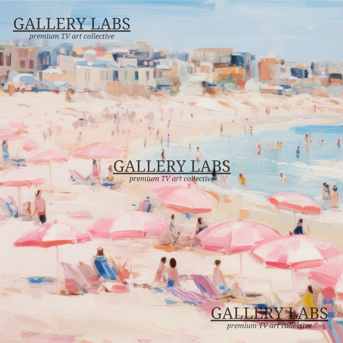 Sunny Beach Town With Pink Umbrellas Sparkling Blue Sea Cheerful Summer Painting Print - Image 4