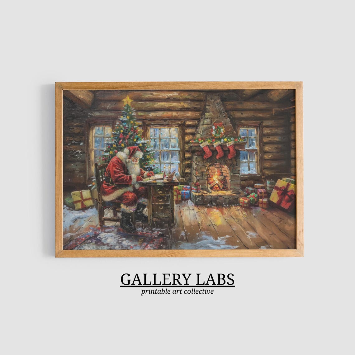 Santa Claus Writing Letters Log Cabin Fireplace Cozy Night Poster - Image 3