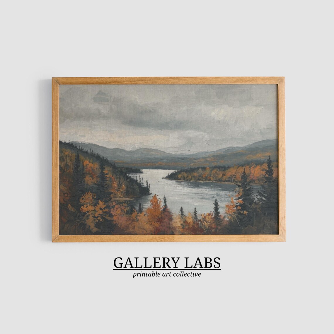 Autumn Lake Vista With Fiery Orange Forest and Brooding Gray Sky Oil Painting Print - Image 3