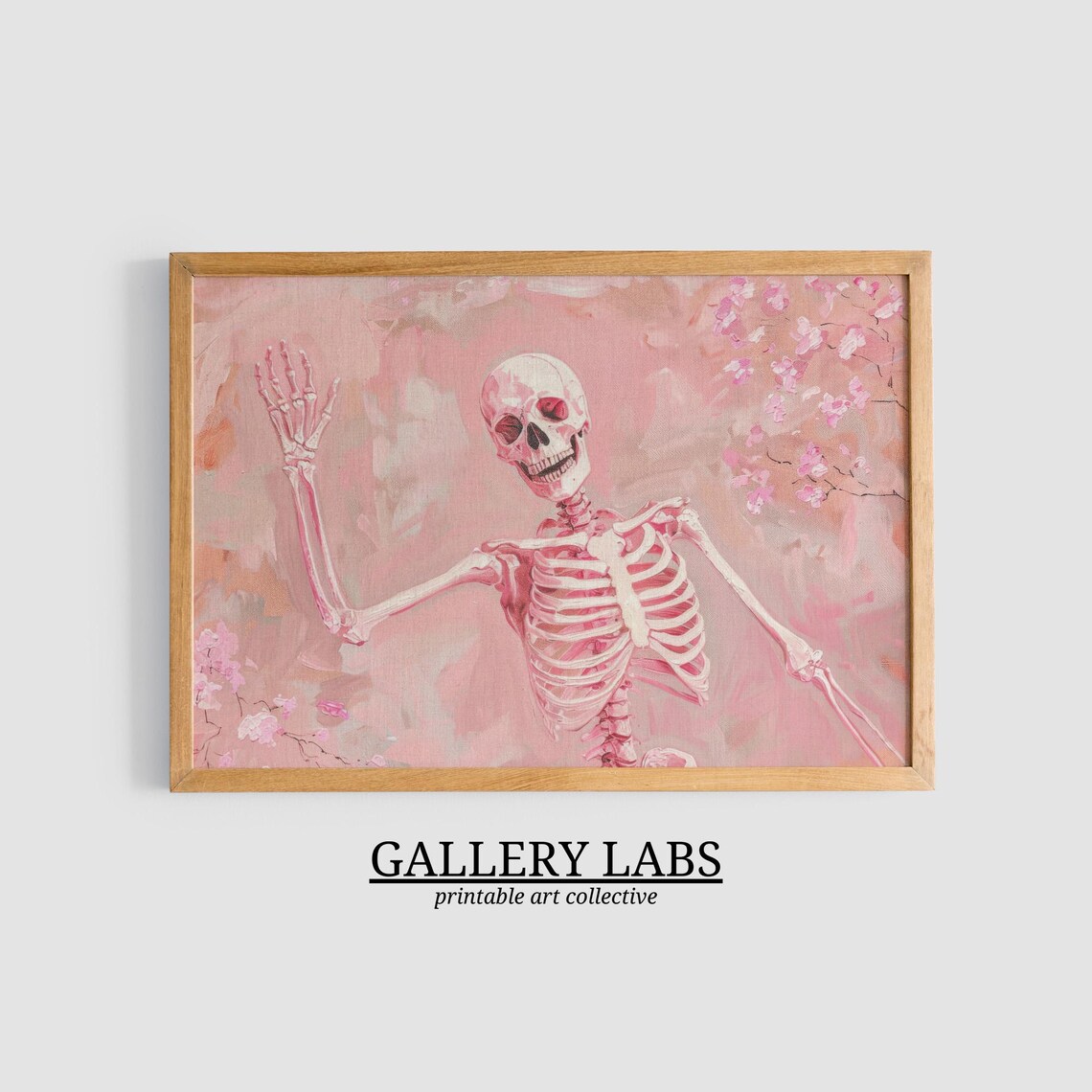 Pink Skeleton Waving Floral Blossoms Spooky Cute Painting Wall Poster - Image 3