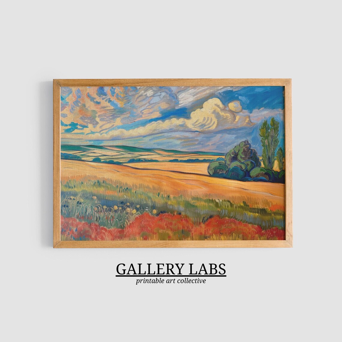 Golden Wheat Fields Red Poppies Dramatic Sky Impressionist Wall Art Print - Image 3
