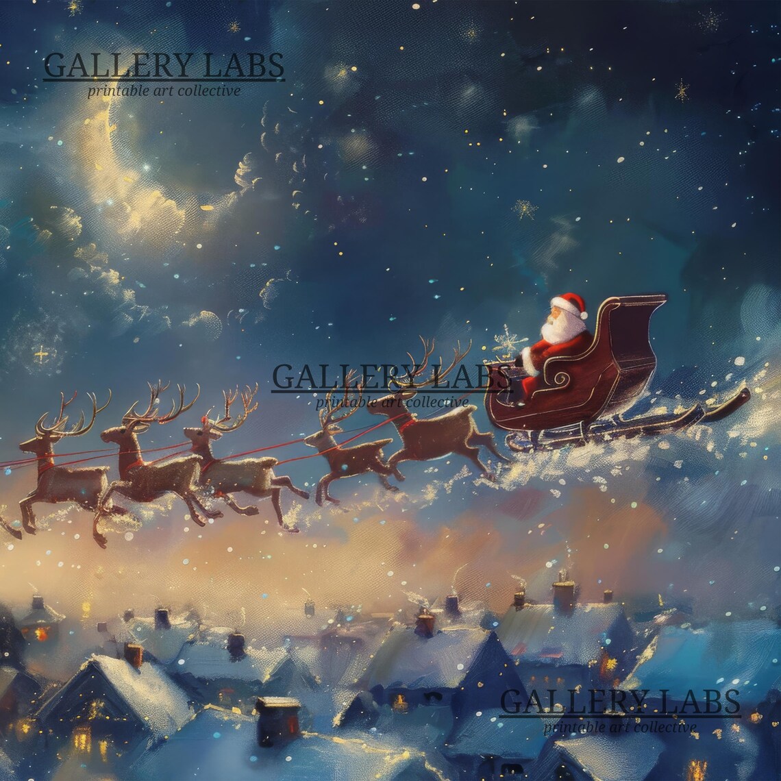 Santa Claus Flying Sleigh Reindeer Over Rooftops Moonlit Night Poster - Image 4