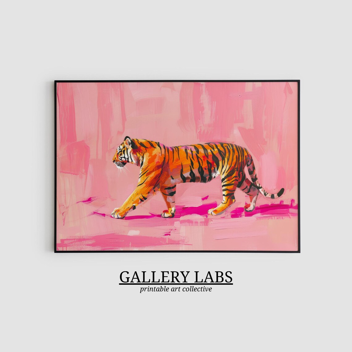 Orange Tiger Walking Pink Background Bold Wild Animal Painting Wall Art - Image 2