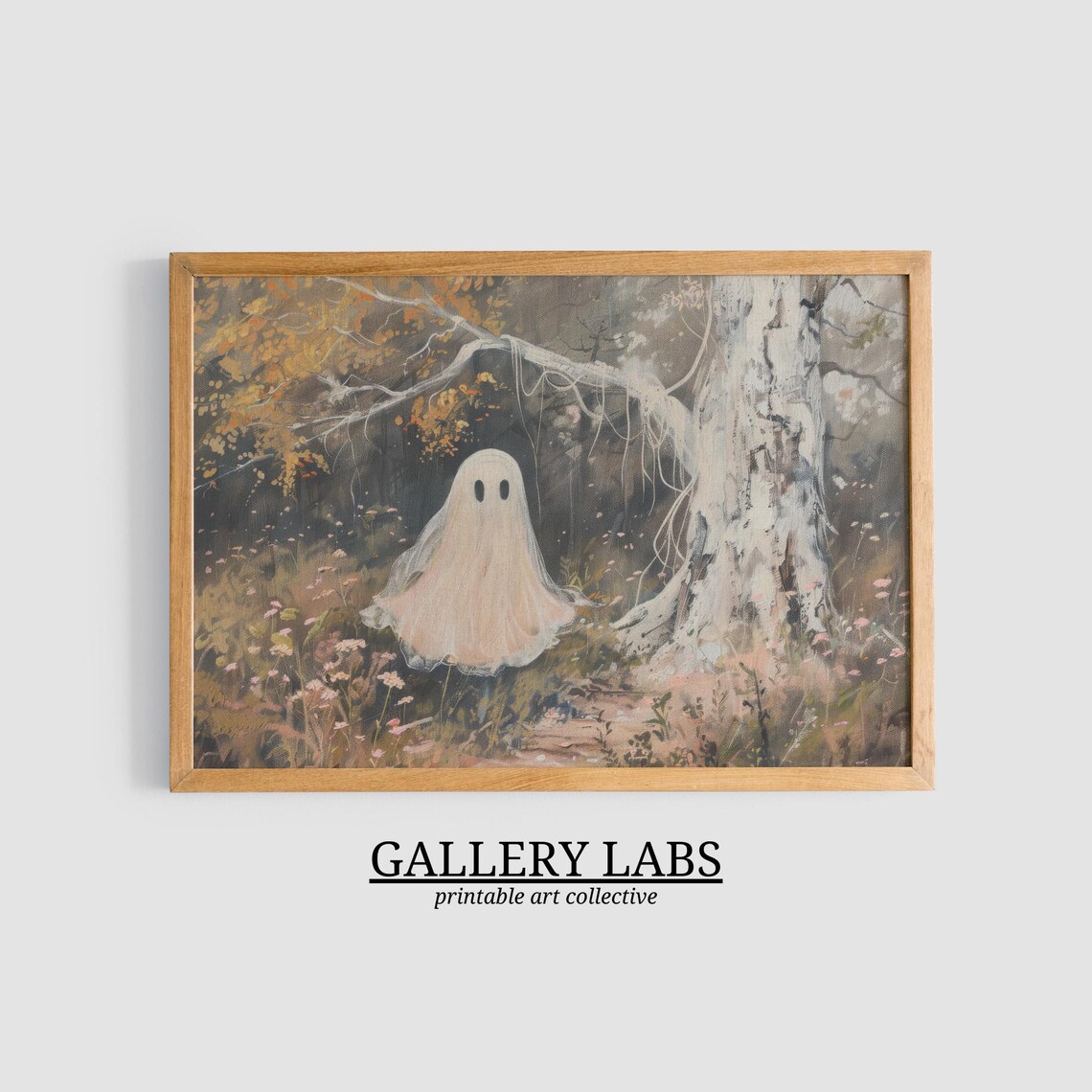 Cute Pink Ghost in Autumn Forest Wildflowers Halloween Wall Art Print - Image 3