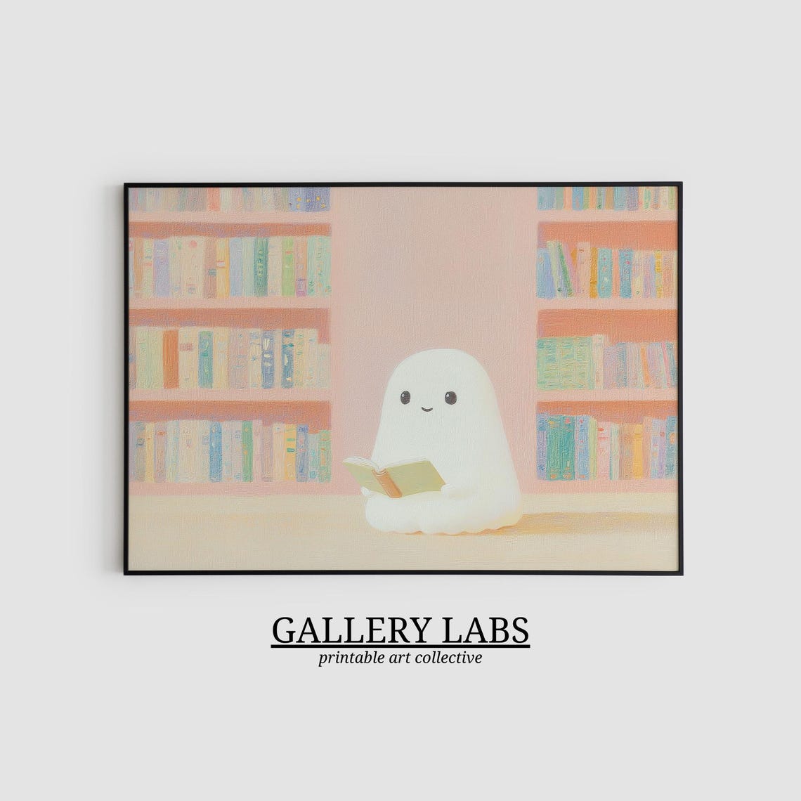 Cute Ghost Reading Book Pastel Pink Bookshelf Wall Art Print - Image 2