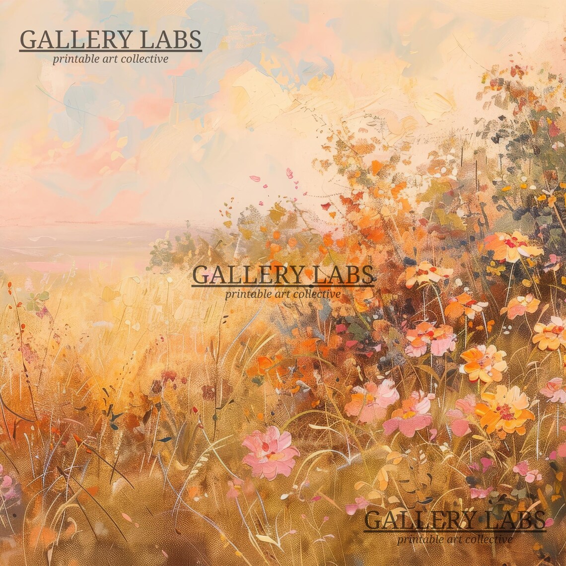 Pink Sky Wildflower Meadow Romantic Fall Meadow Scene Art Print - Image 4