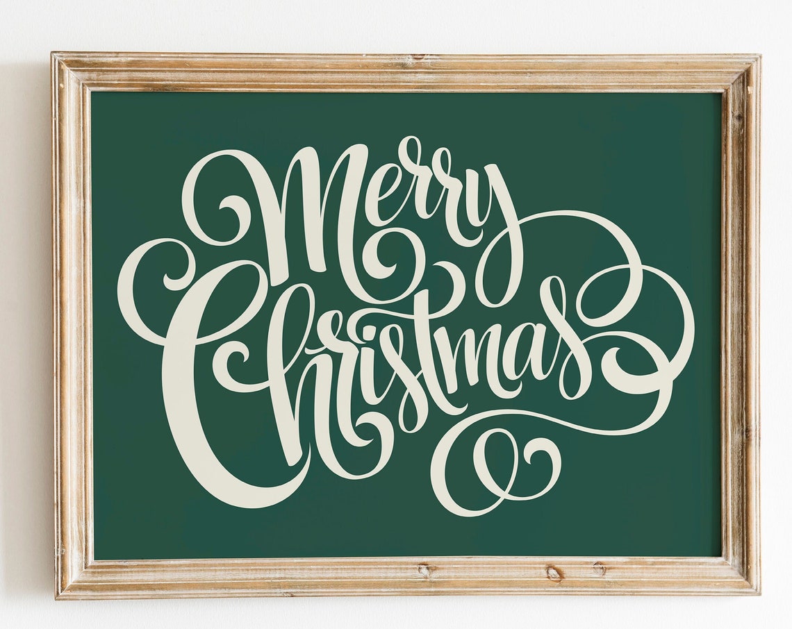 Merry Christmas Calligraphy Script Cream Green Holiday Sign Wall Print