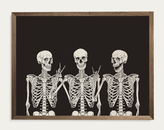 Three Skeletons Posing Together Funny Halloween Trio Skull Black Wall Art Poster