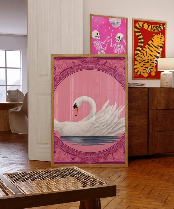 White Swan on Pink Poster with Vintage Ornate Frame Coquette Art