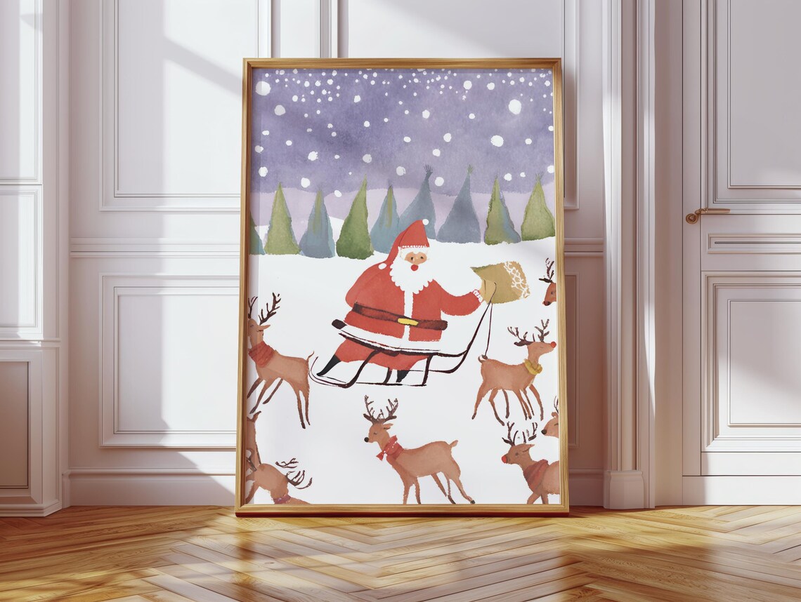 Santa Sleigh with Reindeer Poster Snowy Nordic Christmas Scene - Image 3
