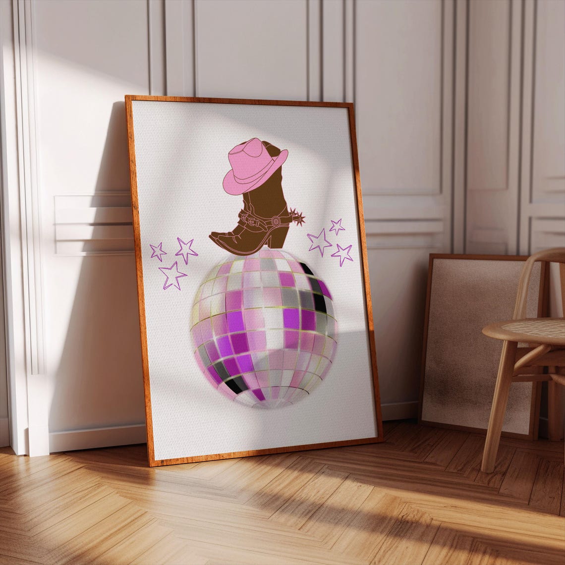 Pink Cowboy Hat Disco Ball Boots Western Dance Party Wall Art