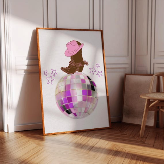 Cowgirl Boots Art Print Preppy Wall Art Western Decor Southwestern Wall Art Pink Disco Ball Cowboy Boots Wall Art Howdy Print Dorm Decor