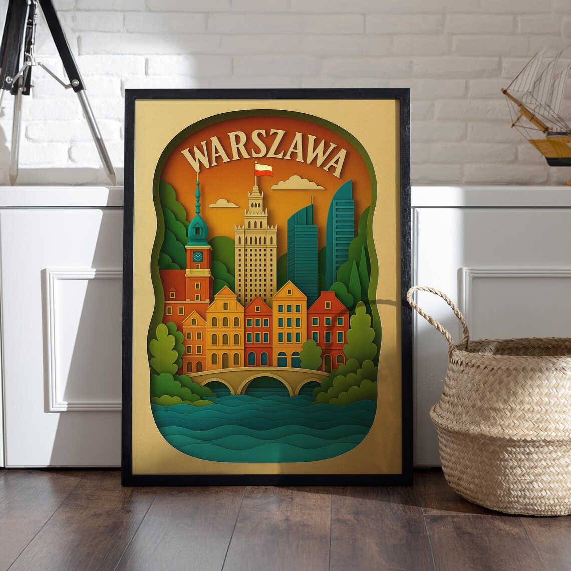 Warszawa Poland Layered Paper Cityscape Colorful 3D Travel Poster