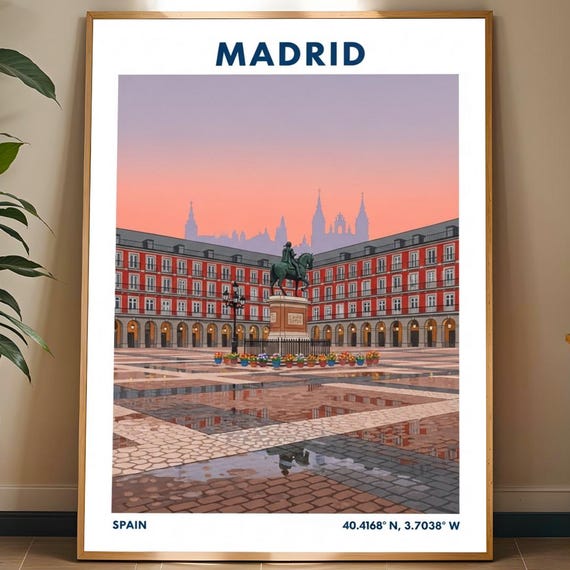 Madrid Plaza Mayor Poster Red And Orange Urban Landscape Spanish Travel Art Blue Cityscape Illustration For Enthusiasts