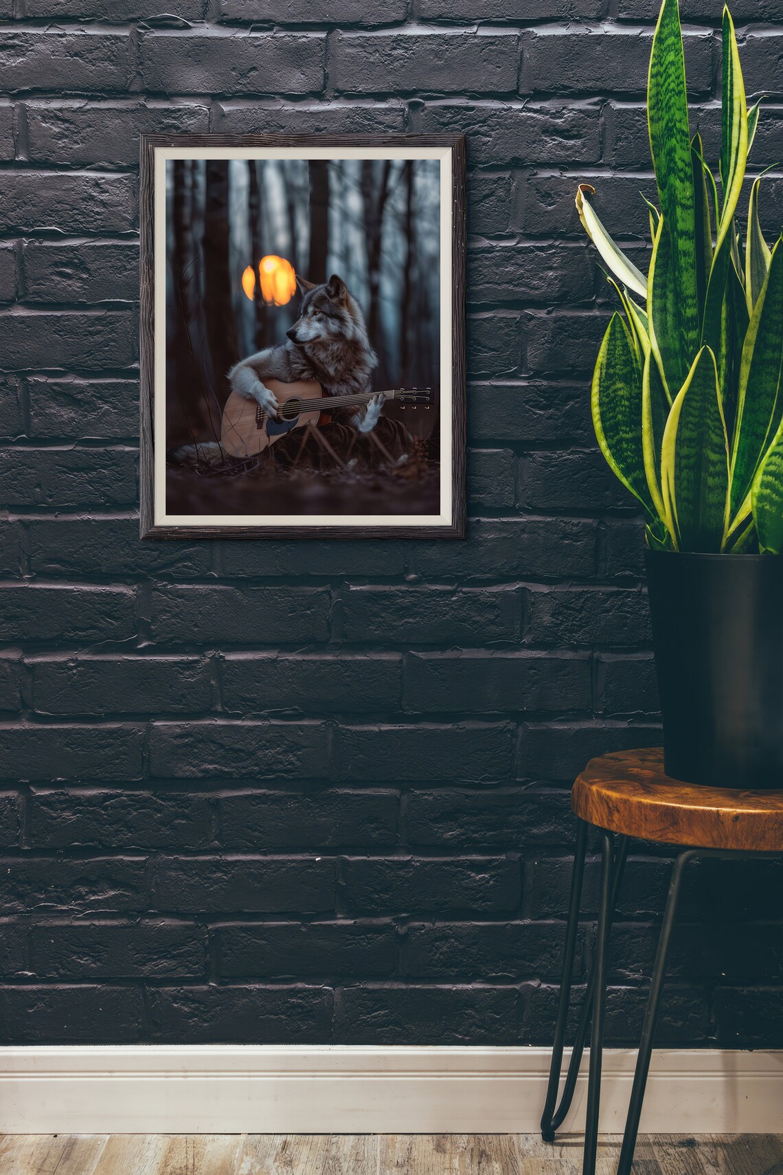 Wolf Playing Guitar Poster, Abstract Moon Night - Image 3