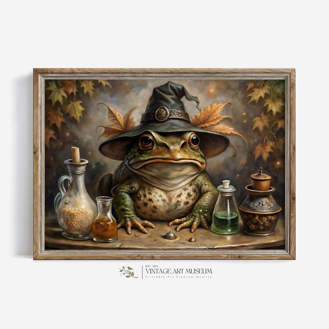 Frog Wearing Witch Hat With Potion Bottles Halloween Spooky Art Poster
